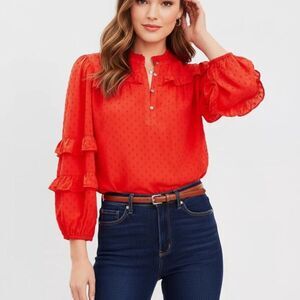Ann Taylor Loft Red Swiss Dot Ruffle Blouse Large Boho Tiered Sleeve Lined Top
